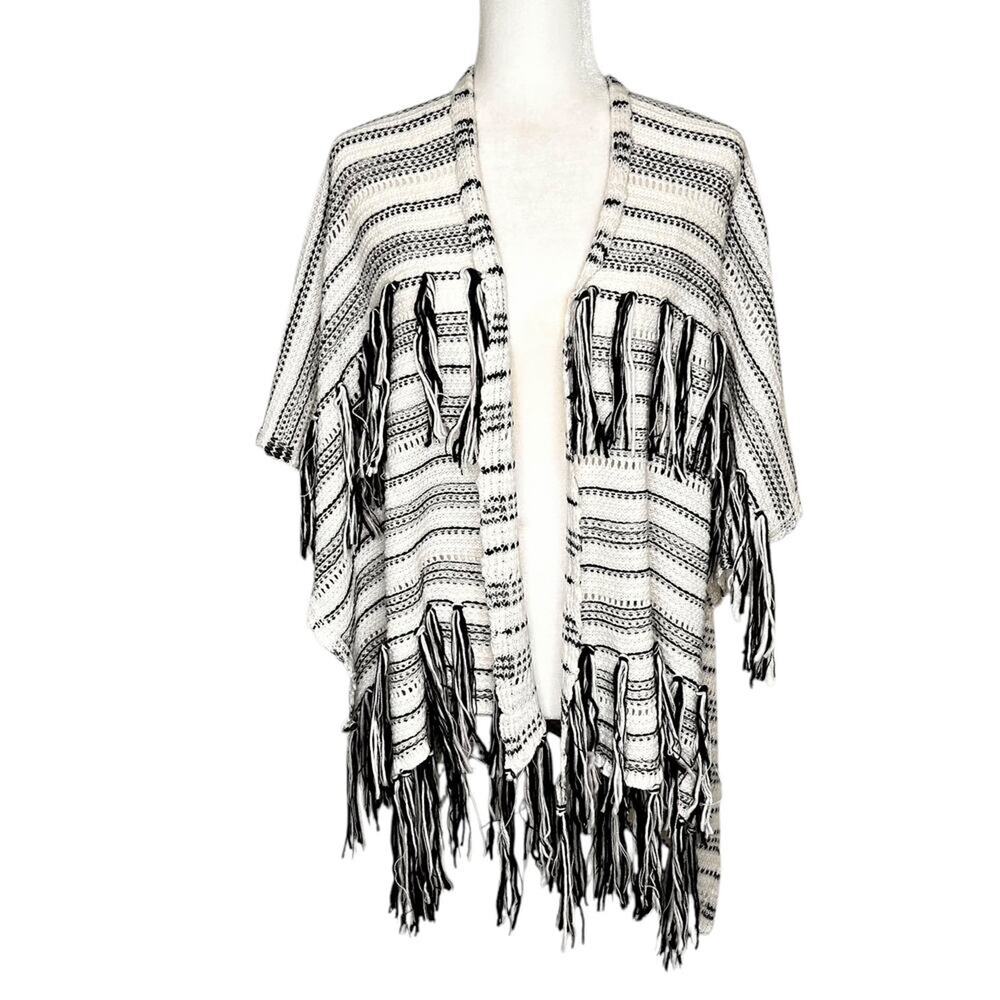 Melrose and Market Crocheted Poncho Shawl with Fringe Black White One Size